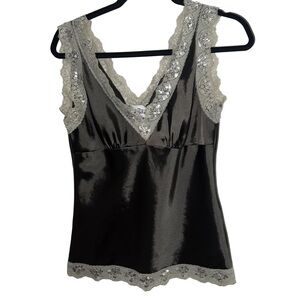 Y2K Dark Grey Satin Lace Trim Tank Top